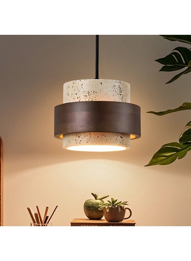 Modern Chandelier - a Luxurious Pendant Lamp with a geometric design in travertine stone and wood - an artistic wabi-sabi style decorative lamp for the living room, bedroom, and dining room, an elegant indoor lighting option for the home. - Image 1